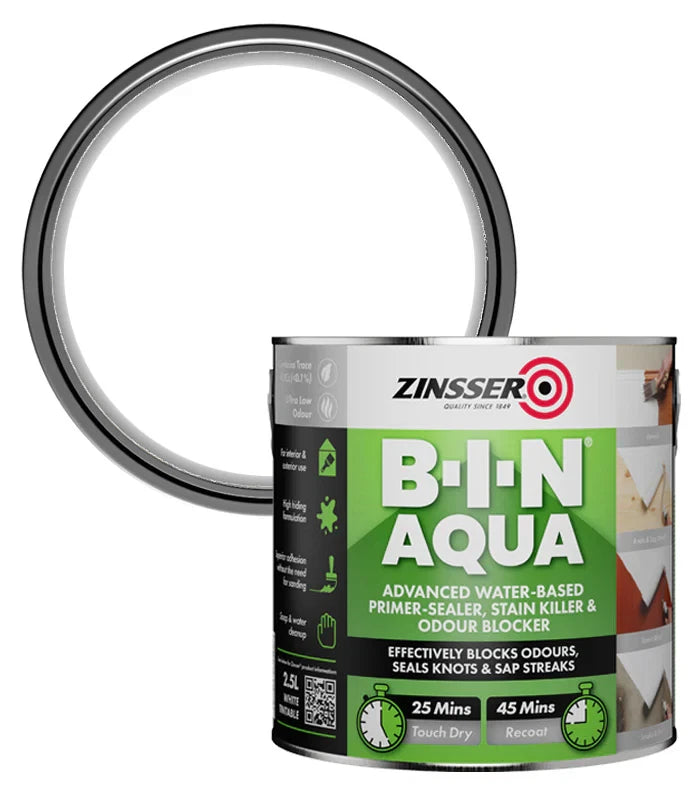 Zinsser B-I-N Aqua Primer, Sealer, Stain Killer & Odour Blocker - White 500ml/1L/2.5L